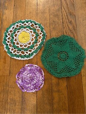 Handmade Crochet Doily Set - Green, Purple, Yellow